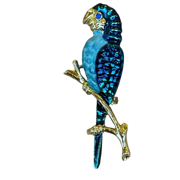 Vintage Blue Enamel Parrot Bird Brooch Pin Gold Tone - Picture 1 of 6